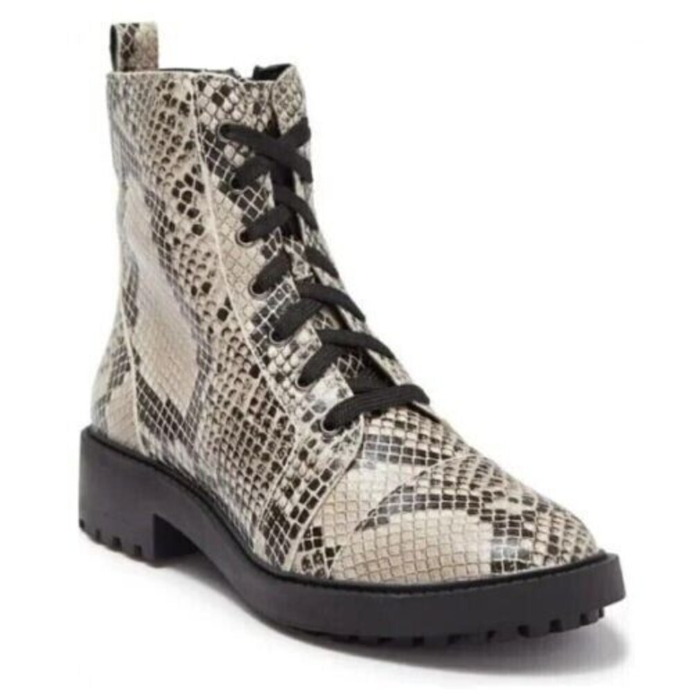 Linea Paolo Womens Beige Black‎ Snake Print Leather Zipper Combat Boots 7 M